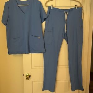 Ceil Blue Figs Casma 3-pocket scrub top and Yola skinny scrub pants